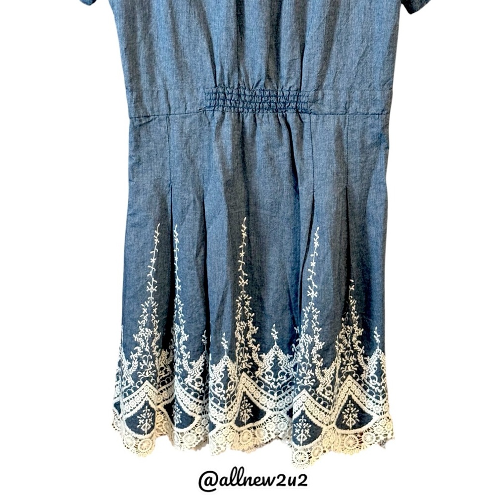 ECI Lace Trim Denim Shirtdress Chambray Buttoned Polo Collar - Picture 12 of 16